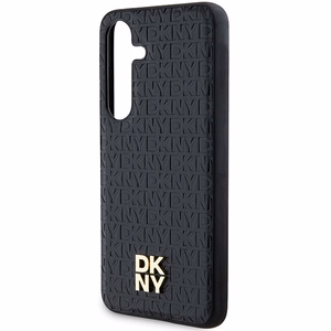 DKNY Ādas raksts metāla logotips MagSafe apvalks viedtālrunim Samsung Galaxy S24 - melns