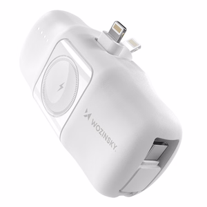Wozinsky WF16-YLS 5000mAh 15W Lightning mini portatīvais lādētājs ar iebūvētu USB-C kabeli un Apple Watch lādētāju - balta