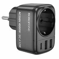 Borofone Sienas lādētājs BAC14 Wide - 2xUSB + C tipa + kontaktligzda - 12 W melns