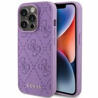 Guess Ādas 4G Reljefs viedtālruņa apvalks iPhone 15 Pro - violets
