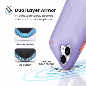 Speck Presidio Lux Grip MagSafe vāciņš ierīcei iPhone 17, “Purple Fade / Magic Purple / New Poppy” krāsā