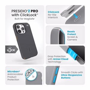 Speck Presidio2 Pro ClickLock MagSafe vāciņš ierīcei iPhone 15 Pro, kokogļu pelēks un vēsas bronzas krāsā