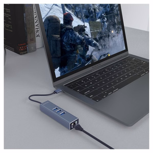 Savio AK-57 USB-A uz 3x USB-A centrmezgls ar RJ-45 Gigabit Ethernet adapteri, USB 3.2 Gen 1, melns/pelēks