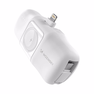 Wozinsky WF16-YLS 5000mAh 15W Lightning mini portatīvais lādētājs ar iebūvētu USB-C kabeli un Apple Watch lādētāju - balta