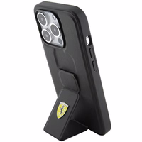 Ferrari Grip Stand Metal Logo apvalks iPhone 15 Pro – melns