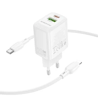 Borofone sienas lādētājs BN27 Fuente - USB + Type C - QC 3.0 PD 20W ar Type C uz Lightning kabeli balts