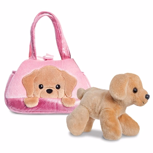 Fancy Pals PeekaBoo videi draudzīga labradora plīša rotaļlieta rozā somiņā, 20 cm