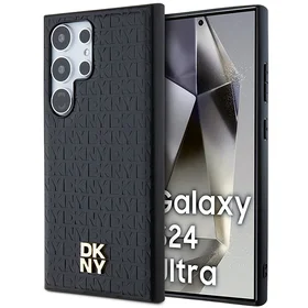 DKNY Ādas raksta metāla logotips Magnētiskais viedtālruņa apvalks Samsung Galaxy S24 Ultra - melns