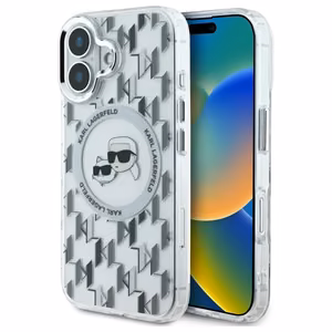 Karl Lagerfeld IML Monogram Karl & Choupette Head Magnētiskais viedtālruņa apvalks iPhone 16 - caurspīdīgs