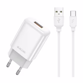 Lādētājs Jellico EU01 2.4A USB-A + USB-A uz USB-C kabelis 1.0m, balts