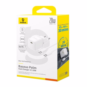 Baseus Palm 1C 20W sienas lādētājs (ar Baseus Mini White USB-C 60W (20V/3A) 1m kabeli) - balts