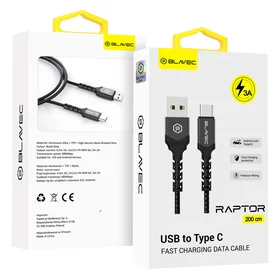 Blavec kabelis Raptor pīts - USB uz Type C - 3A 2 metri Apple CarPlay/Android Auto (CRA-UC3BG20) melns-pelēks