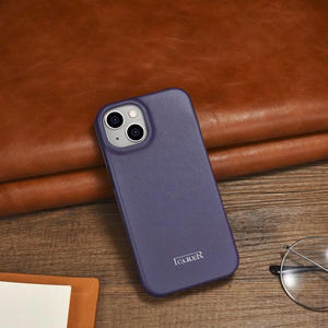 iCarer CE Premium ādas folio viedtālruņa apvalks iPhone 14 Plus magnētiskais atveramais ādas folio apvalks MagSafe tumši violeta