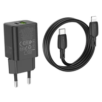 Borofone Sienas lādētājs BN14 Royal GaN - USB + Type C - QC 3.0 PD 30W ar Type C uz Lightning kabeli melns