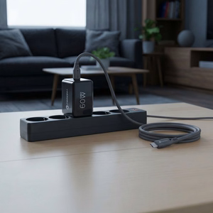 Forcell F-Energy GaN III Crystal Color VT-60 tālruņa lādētājs, 2 × USB-C, AVS, SSFC3.0, 60 W, ar silikona USB-C–USB-C kabeli, melns