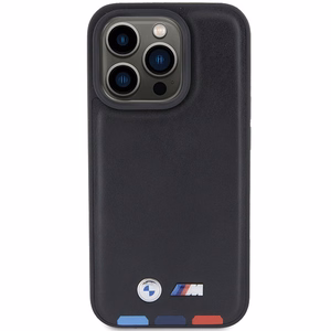BMW BMHCP15L22PTDK viedtālruņa apvalks iPhone 15 Pro 6.1" melns/melns ādas ar trīskrāsu emblēmu