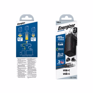 Energizer Ultimate A65MUC GaN ceļojumu sienas lādētājs ar EU / UK / US spraudņiem, USB-C + USB-A, 65 W PD, ar USB-C kabeli, melns