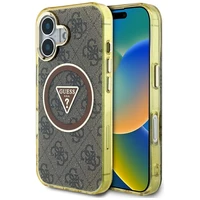 Guess IML Metal Glitter 4G Circle Triangle magnētiskais viedtālruņa apvalks iPhone 16 - brūns