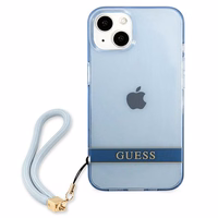 Guess GUHCP13MHTSGSB iPhone 13 6.1 viedtālruņa apvalks, zils, ciets, daļēji caurspīdīgs ar siksniņu