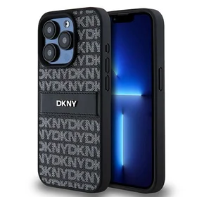 DKNY Ādas mono svītra un metāla logotips viedtālruņa apvalks iPhone 15 Pro - melns