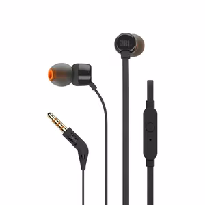 JBL Tune 110 ausīs ievietojamas austiņas ar 3,5 mm mini jack savienojumu un tālvadības pulti, melnas