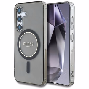 Guess mirdzošs apļa klasiskā logotipa magnētiskais viedtālruņa apvalks Samsung Galaxy S25 melns