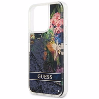 Guess GUHCP13LLFLSB iPhone 13 Pro / 13 6.1" zils cietais apvalks ziedu šķidrs spīdums