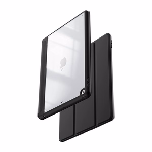 Crong PrimeFolio atverams vāciņš iPad 10.2" (2019–2021) ar statīvu un Apple Pencil turētāju, melns un caurspīdīgs