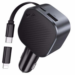 Automašīnas lādētājs Hoco Z68, USB-A + USB-C, PD QC3.0, 45 W, ar izvelkamu USB-C kabeli, melns