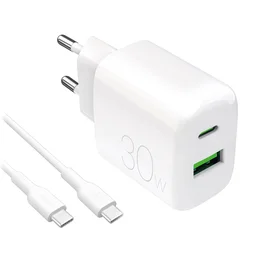 Puro PROLITE 30W USB-A / USB-C sienas lādētājs + USB-C - USB-C kabelis 1.2m - balts