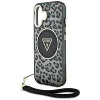 Guess HC IML leoparda trīsstūra auklas siksna MagSafe apvalks iPhone 16 - melns