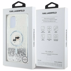 Karl Lagerfeld Liquid Glitter Karl&Choupette Head Magnētiskais viedtālruņa apvalks iPhone 16 - caurspīdīgs