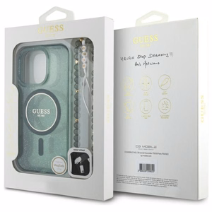 Guess IML Glitter With Pearl Strap Magnētiskais viedtālruņa apvalks MagSafe iPhone 16 Pro Max - zaļš