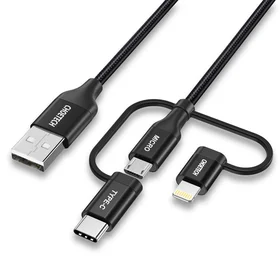 Choetech 3in1 MFI kabelis USB - USB Type C / micro USB / Lightning (uzlāde 3A / datu pārraide 480 Mbps) 1.2 m, melns (IP0030-BK)