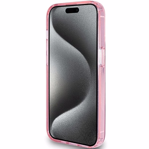 Guess viedtālruņa apvalks ar statīvu Ring Stand Script Glitter magnētiskais iPhone 15 Pro - rozā