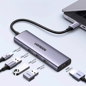 Ugreen CM511 15597 5in1 sadalītājs USB-C - USB-C PD / HDMI / 3x USB-A 3.0 - pelēks