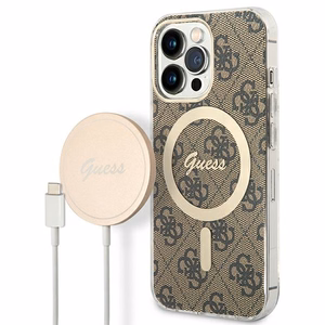 Komplekts Guess GUBPP13LH4EACSW vāciņš + lādētājs iPhone 13 Pro brūns cietais vāciņš ar 4G rakstu Magnētiskais