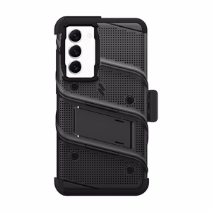 ZIZO BOLT Series bruņota vāciņa komplekts Samsung Galaxy S23+ ar 9H ekrāna stiklu, iebūvētu statīvu un pie jostas stiprināmu turētāju, melns