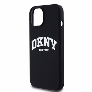 DKNY apvalks no šķidrā silikona MagSafe viedtālrunim iPhone 15 Plus / 14 Plus ar balto logotipu - melns (m)