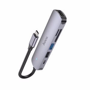 Adapteris HB28 Type-C multifunkcionālais pārveidotājs HDMI+USB3.0+USB2.0+USB2.0+SD+TF+PD pelēks