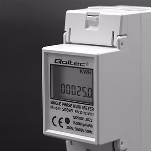 Qoltec 50899 – vienfāzes elektroniskais elektroenerģijas skaitītājs, 230 V, LCD, 2P, DIN sliede