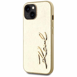 Karl Lagerfeld Wrinkled Metal Signature viedtālruņa apvalks iPhone 15 - zelta