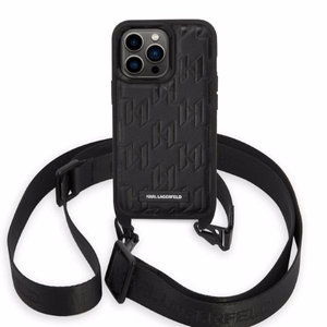 Karl Lagerfeld KLHCP14LSTMMK iPhone 14 Pro 6.1" cietais viedtālruņa apvalks melns/melns Monogrammas Plāksnītes Logotipa Siksna