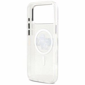 Karl Lagerfeld IML mirdzošais Karl & Choupette skices logotipa magnētiskais viedtālruņa apvalks iPhone 17 Pro Max - caurspīdīgs