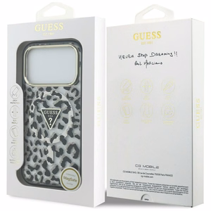 Guess leoparda spīdīgs magnētiskais viedtālruņa apvalks iPhone 17 Pro melns