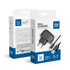 BLUE STAR LITE ceļojumu lādētājs 2A 10W USB A + kabelis USB A uz Type C TFK-TC-1095B melns
