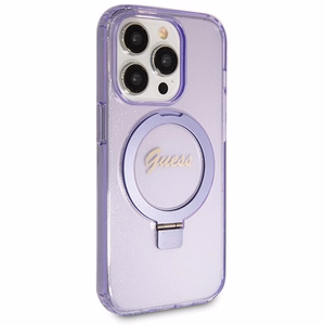 Guess Magnētiskā viedtālruņa apvalks ar gredzena statīvu Script Glitter MagSafe iPhone 14 Pro Max - violeta