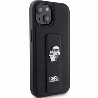 Karl Lagerfeld Gripstand Saffiano Karl&Choupette Pins apvalks viedtālrunim iPhone 15 Plus / 14 Plus - melns