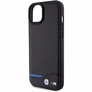 BMW ādas oglekļa viedtālruņa apvalks iPhone 15 Plus - melns