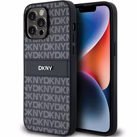 DKNY Ādas mono svītra un metāla logotips viedtālruņa apvalks iPhone 14 Pro Max - melns